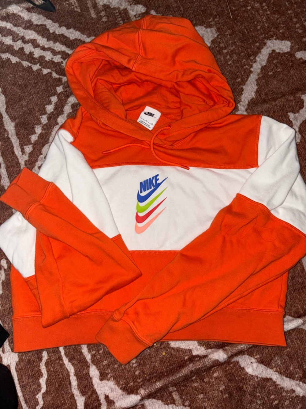 Nike Orange and White Colorblock Hoodie with Multicolor Swooshes